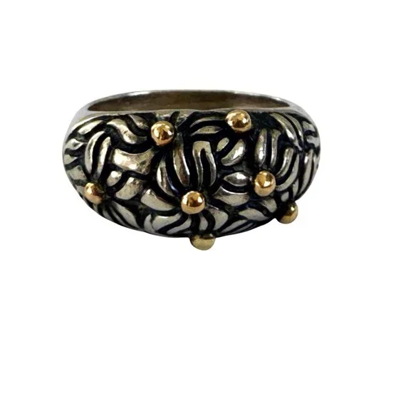 Vintage 90's 925 silver Floral Dome Ring Gold Vermeil Dots 6.4g Size 6 3/4 - Picture 11 of 12